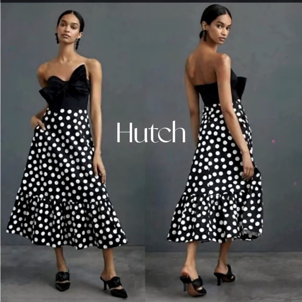 Hutch Black and White Polka Dot Strapless Midi Dress